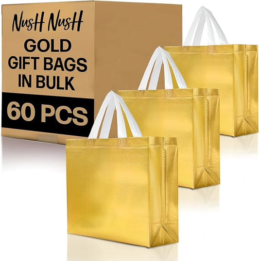 Nush Nush Shiny Large Gold Gift Bags Bulk - Set of 60 Gold Reusable Gift Bags with Handles- Ideal For Small Business, Christmas Gifts, Thanksgiving, Birthday Party Favor, Corporate Gifts - 13Wx5Dx11H
