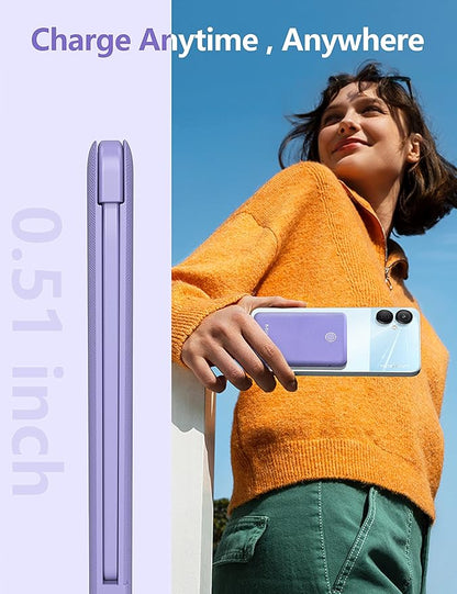 miisso 6000mah Ultra Slim Built in Cables Power Bank, Card Size Built in USB C Cords Battery Pack Portable Charger for Phones, 3 Output External Battery Pack Compatible with iPhone, Purple