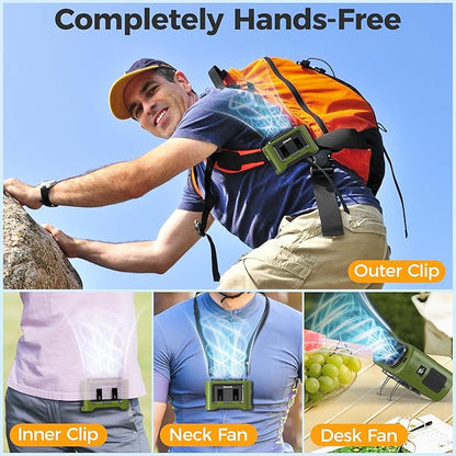 14500mAh Portable Waist Fan Clip On Belt- Rechargeable Battery Operated,Max 40H Cooling,5 Speed 14600RPM,Dual Air Vent, Hands-free Shirt Neck Fan With Light for Outdoor Jobsite Camping Traveling
