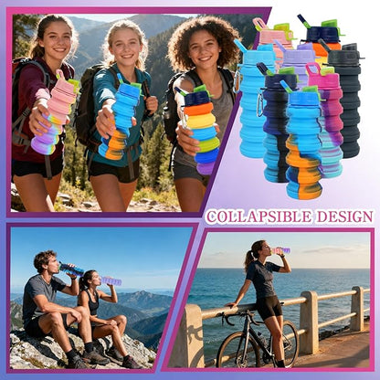 8 Pcs Collapsible Water Bottles with Clip 16 oz Portable Reusable Leakproof Silicone Foldable Water Bottles for Travel Camping Cycling Hiking Gym Yoga Outdoor Sports