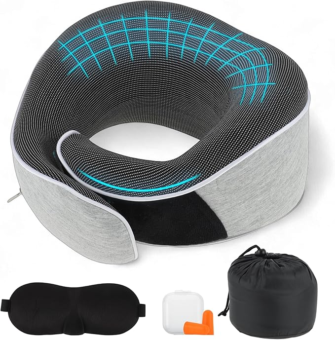VOCOSTE Neck Pillow for Airplane Travel, Ergonomic Memory Foam Support for Long Flights, with Eye Mask & Earplugs, Home & Office Nap, Gifts for Frequent Flyer, Light Gray