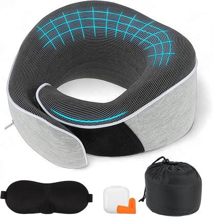 VOCOSTE Neck Pillow for Airplane Travel, Ergonomic Memory Foam Support for Long Flights, with Eye Mask & Earplugs, Home & Office Nap, Gifts for Frequent Flyer, Light Gray