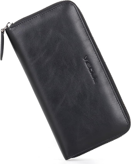 VISOUL Leather Long Zipper Pouch Wallet for Men and Women with RFID Blocking, Large Clutch Cash Long Wallet with Zipper (Black)