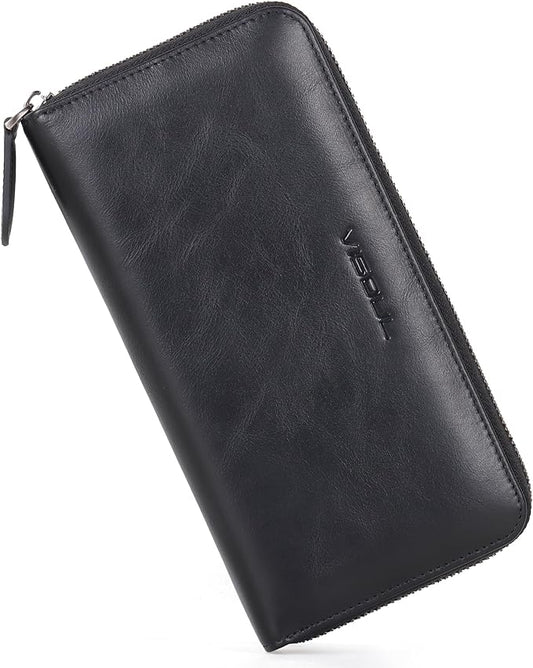 VISOUL Leather Long Zipper Pouch Wallet for Men and Women with RFID Blocking, Large Clutch Cash Long Wallet with Zipper (Black)