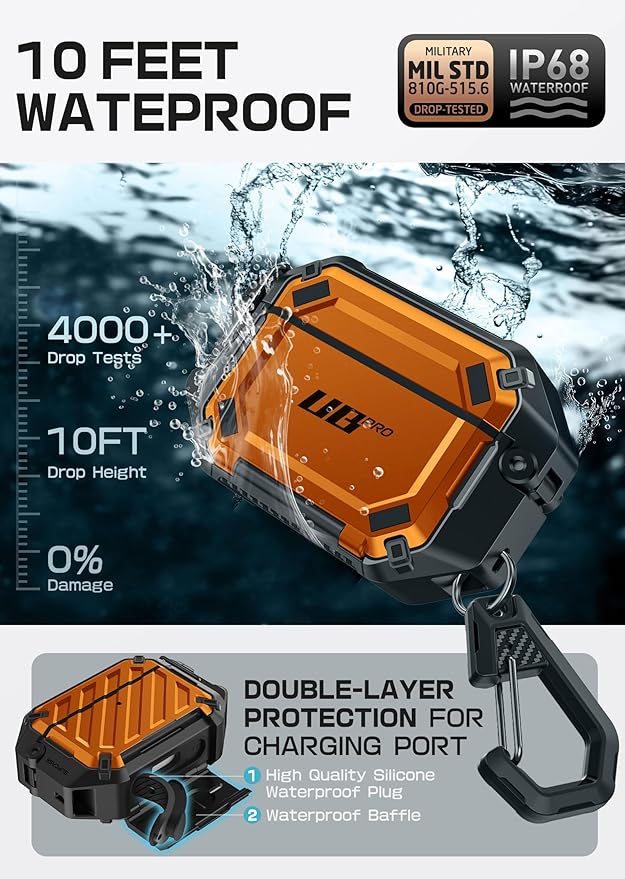 SUPCASE for AirPods Pro 3 Case with Lock & Carabiner, [IP68 Waterproof] [Military-Grade Protection] [Supports Wireless Charging] Anti-Scratch Hard Shell Cover for AirPods Pro 3rd Gen, Coral