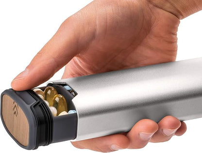 7 Day Weekly Pill Organizer 2.0 by mbarc - Premium Stylish Aluminum and Wood Large Capacity Pill Box for Supplements, Pills, Vitamins and Medication. (Metallic Silver)