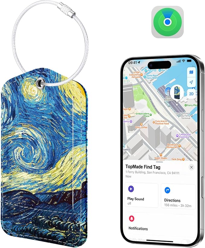 TopMade Smart Luggage Tag with Find My, Premium Leather Luggage Tags for Suitcase, Travel Bags, Backpacks, Anti-Lost Suitcase Tag Tracker for Travel with Privacy Name Card, Rechargeable