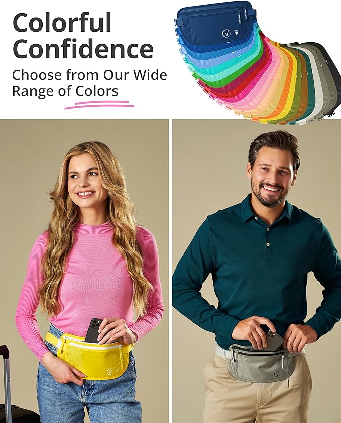 Vantamo Money Belt with RFID For Men & Women, Hidden Passport Holder for Travel, 2 Compartment Travel Fanny Pack for Women Anti Theft