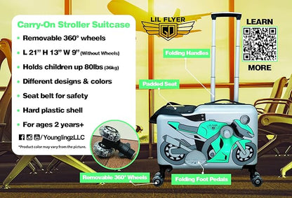 Younglingz LIL FLYER GO Version 2 Ride On Suitcase for Kids | Carry On Luggage with Toddler Seat, Foldable Handlebars, Pedals, and Removable Wheels | Holds up to 80 lbs | Green Motorcycle | Ages 2-6