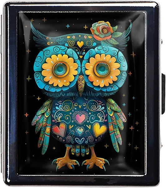 7 Days Chromed Shiny Silver Pill Organizer with Mirror Inside Has 8 Separate Compartments Rectangle 7 Days Pill Box Pill Case (Abstract Owl)