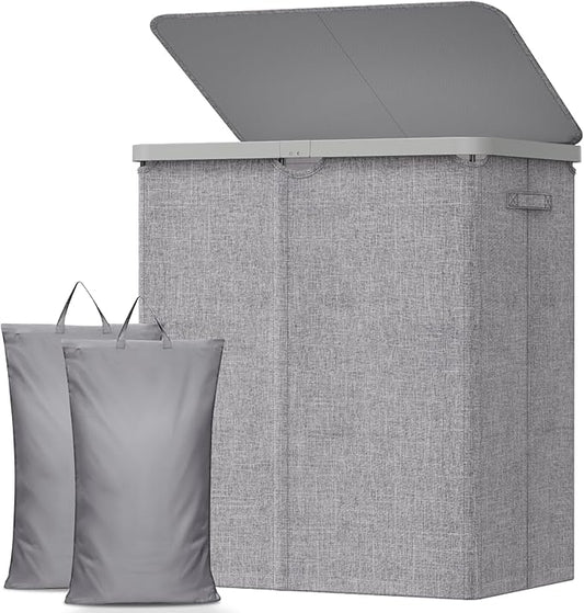 Lifewit 145L Laundry Basket with Lid, Large Laundry Hamper with Plastic Handles and Removable Bag, Foldable Tall Dirty Clothes Hampers for Laundry for Laundry Room, Bedroom, Bathroom, Dorm, Light Gray