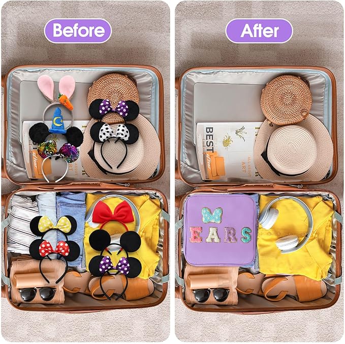Chenille Letter Bow Mouse Ears Travel Case, Park Ears Headband Holder Hair Accessories Organizer Bag for Girls Women Kids Adults, Large Makeup Bag Snack Bags with Zipper for Travel Picnic - Purple