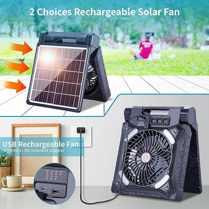 Solar Fan Battery Powered Rechargeable Solar Camping Fan with Led Lantern & Power Bank Foldable Angle USB Personal Fans for Travel Outdoor Camping Tents X98 Black