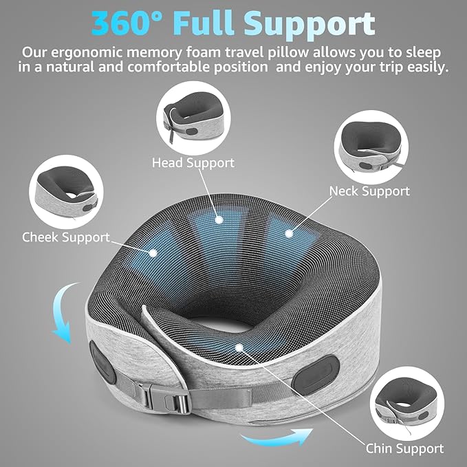 Travel Pillows for Airplanes Ergonomic Memory Foam Neck Pillow for Travel - 360° Head & Neck Support for Sleeping on Flights, Cars, Trains & Office (Gray-1)