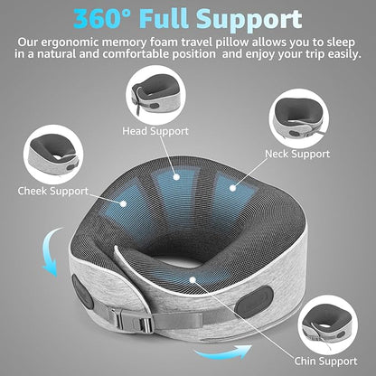 Travel Pillows for Airplanes Ergonomic Memory Foam Neck Pillow for Travel - 360° Head & Neck Support for Sleeping on Flights, Cars, Trains & Office (Gray-1)