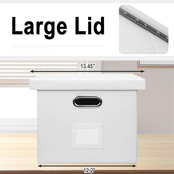 File Organizer Box, Decorative Storage Filling Box with Lid for Letter Legal Size Hanging Folders Collapsible Linen File Folder Box Office Document Storage Filing Bin, White 2 Pack
