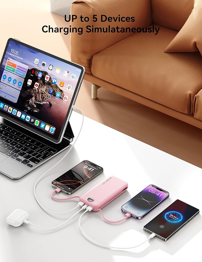 12000mAh Ultra-Portable-Charger-Power-Bank with Built in Cables&AC Wall Plug,PD20W USB-C Fast Charging Cell Phone Charger Battery Pack,LED Display Travel Battery Bank for All iPhone,Samsung,Android