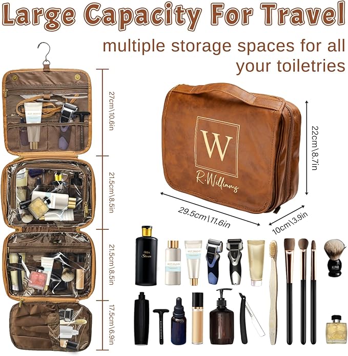 2025 Personalized Custom Christmas Gifts for Men, Large Hanging Toiletry Bag Leather Shaving Toiletries Bags for Him, Waterproof Travel Bag, Gift for Anniversary, Dad, Grandpa, Husband, Lover
