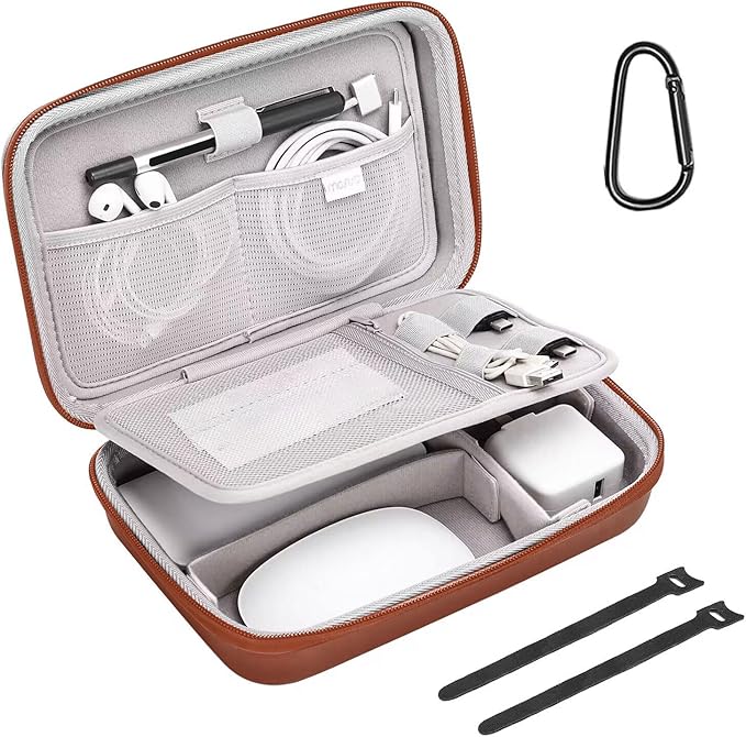 MOSISO Electronic Organizer Travel Case Compatible with MacBook Power Adapter, Compatible with Magic Mouse & Pencil, SD Card, USB Flash Disk with 4 Modular Insert & 2 Cable Tie & Snap Hook, Brown