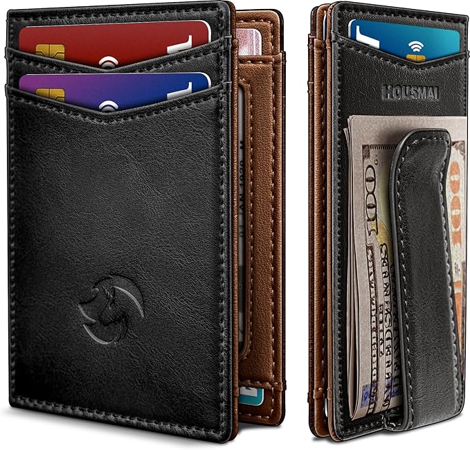 Magnetic Closure Slim Wallet for Men with Money Clip Gift Boxed,Genuine Leather Front Pocket Wallet, 3.9"x 2.7", RFID Blocking