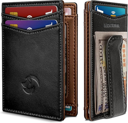 Magnetic Closure Slim Wallet for Men with Money Clip Gift Boxed,Genuine Leather Front Pocket Wallet, 3.9"x 2.7", RFID Blocking