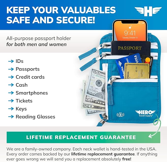 HERO Neck Wallet, RFID Blocking Passport Holder, Easy to Conceal Pouch