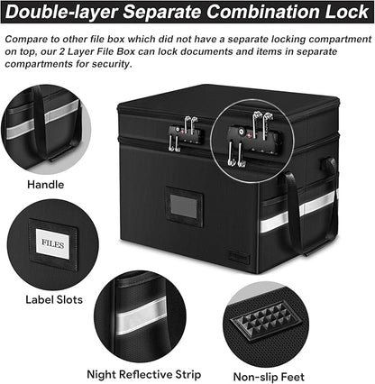 ETRONIK Fireproof Document Box with Lock, 2 Layer File Cabinet Organizer with 5 Tab Inserts, Portable Office Collapsible File Storage with Reflective Strip for Hanging Letter, Legal Size Folder