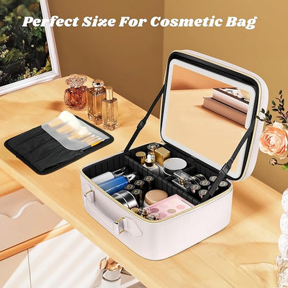 JUSRON Travel Makeup Bag With LED Mirror, Cosmetic Train Case with Light up Mirror, Portable Makeup Artist Organizer Bag with Adjustable Dividers, Makeup Brush Holder Storage (White, Medium)