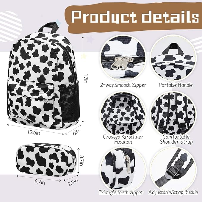 Redbaker 6 Pcs Kids Luggage Set 17 Inch Kids Rolling Luggage Double Pattern Suitcase for Girls Boys School Gift (Black and White,17 Inch,Cow Style)