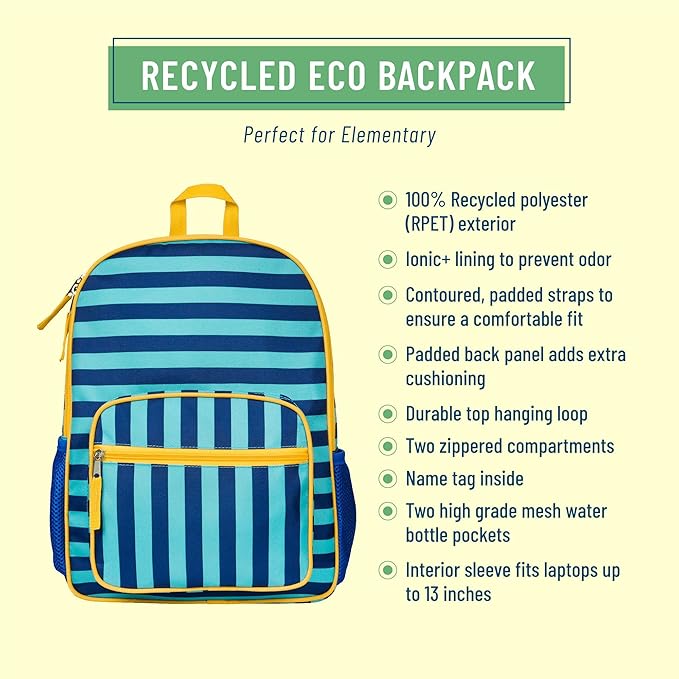 Wildkin ECO rPET Kids Backpack – Recycled, Padded, Adjustable for School & Travel – Blue Stripes