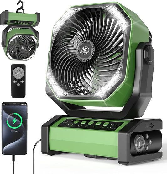 KITWLEMEN Camping Fan with Light - 20000mAh Rechargeable Battery Fan, 60Hrs Max Run Time, 4 Speeds, Timer, Auto Oscillation, 270° Pivot & Hook for Camping, Power Outage, Hurricane