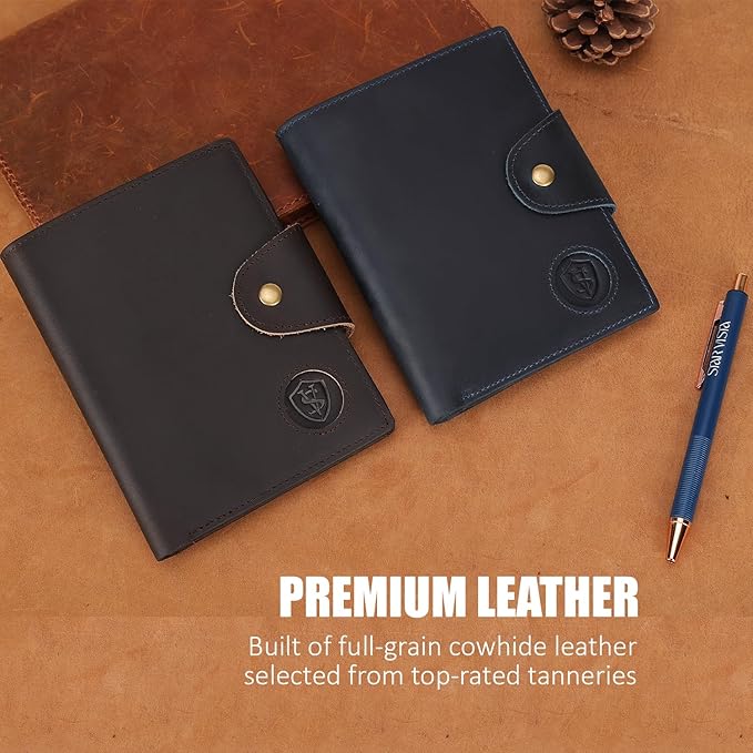 STAR VISTA Carmen Leather Passport Wallet, Dual Bifold Cash Pockets, RFID Blocking, ID Window, 6 Card Slots, Coin Pocket, SIM Slots, AirTag Slots, Navy Blue