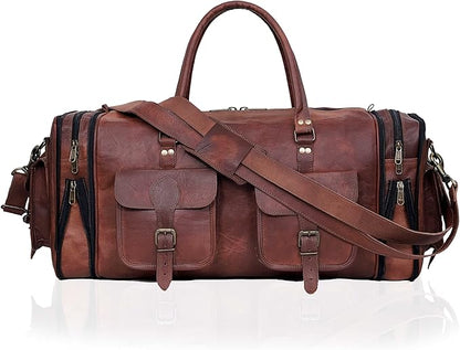 Weekender Leather Duffel Bag Overnight Women Men Girls Boys Vintage Travel Duffle with Shoulder Strap Carry On Sports Gym 20 Inch Handmade Leather Luggage Carryall Cool Gifts for Him by Cureo