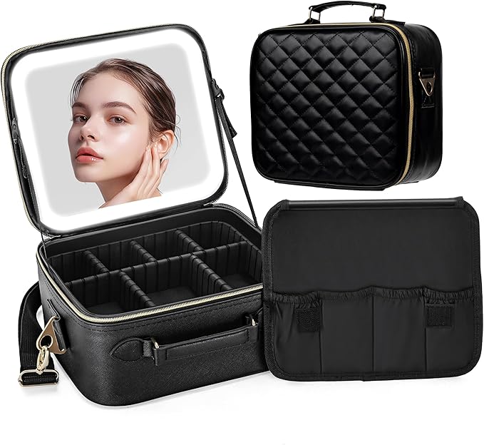 SJD Travel Makeup Bag with LED Mirror, Portable Cosmetic Case Organizer with Lighted Mirror, Waterproof Makeup Case for Cosmetic Brush Holder Storage, Black Toiletry Bag for Women Gift
