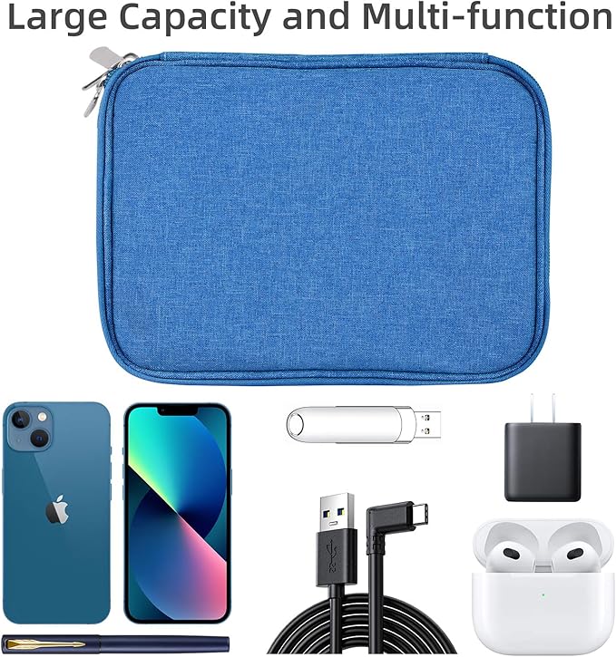 Electronics Organizer - Travel Cable Organizer Bag, Water Resistant Double Layers Pouch for Cord, iPhone, iPad Mini - Gift for Men Electronic Accessories Storage Case with 5 Cable Ties, Blue