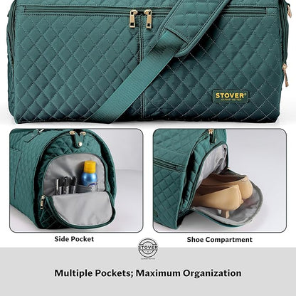 STOVER Women’s Convertible Garment Duffel Bag for Travel – 2-in-1 Carry-On Weekender/Overnight Tote - Wrinkle-Free Dresses, Suits & Clothes Plus Shoe Compartment & Bonus Toiletry Bag (Emerald Green)