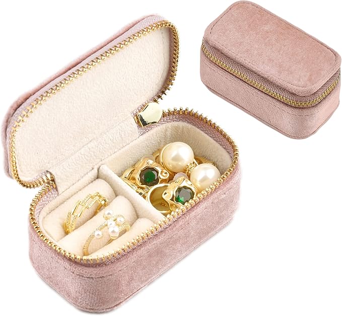 TAIMY Mini Jewelry Travel Case, Velvet Small Travel Jewelry Box, Portable Jewelry Travel Organizer Box for Rings Earrings Necklaces, Gifts for Women Girls(Blush Peach)