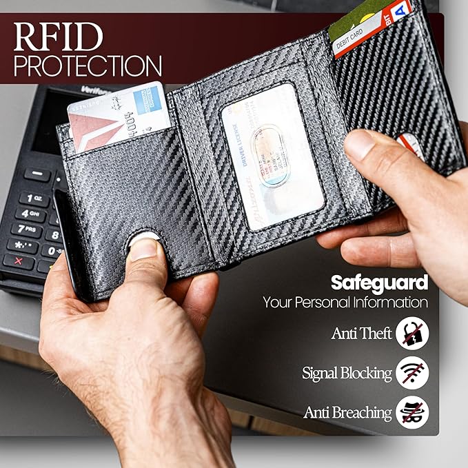 BULL GUARD Trifold RFID Blocking Front Pocket Wallet for Men, Secured Card Slots & Coin Pocket with Magnetic Closure, Durable & Modern Leather Design in Carbon Black Ridge
