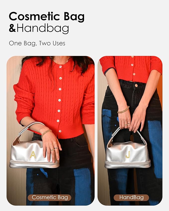 Gifts With Initials for Women, Personalized Makeup Bag with Handle, Initial Double Layer Cosmetic Bag with Makeup Brush Organizer, Cute Cosmetic Pouch for Women, Gifts for Friends Female