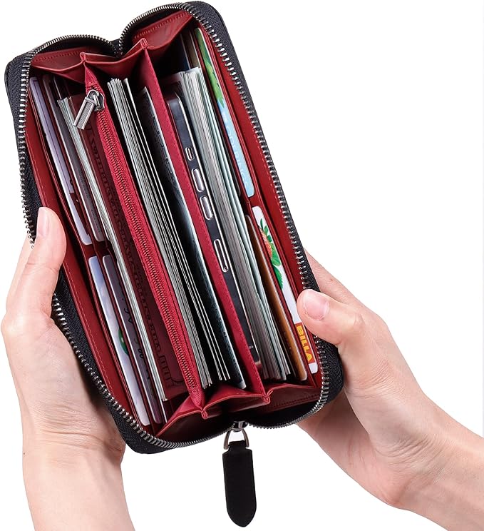 VISOUL Leather Long Zippered Pouch Wallet for Men with RFID Blocking Two-tone, Large Carbon Fiber Leather Clutch Cash Long Wallet with Zipper (Black+Burgundy)