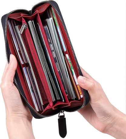 VISOUL Leather Long Zippered Pouch Wallet for Men with RFID Blocking Two-tone, Large Carbon Fiber Leather Clutch Cash Long Wallet with Zipper (Black+Burgundy)