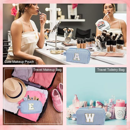 YOOLIFE Gifts for Friend - Personalized Best Friend Birthday Gifts for Women Her Friend Friendship, Sister Gifts from Sister, Monogram Initial Blue Makeup Bag Cosmetic Toiletry Pouch Make Up Case F