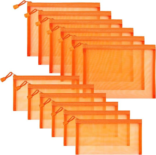 12 Pieces Zipper Nylon Mesh Pouch, Mesh Cosmetic Bags Makeup Bags Pencil Case, Multipurpose Travel Bags for Cosmetic School Office Supplies and Travel Accessories (Orange, A5+B6)