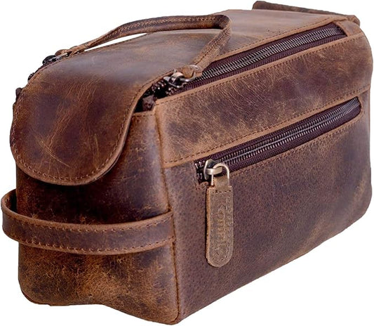 KomalC Premium Buffalo Leather Toiletry Bag for Men & Women – Leather Dopp Kit With Water resistant Lining, Premium Toiletry Travel Pouch, Unisex Wash Bag for Toiletries, Gifts for Men and Women