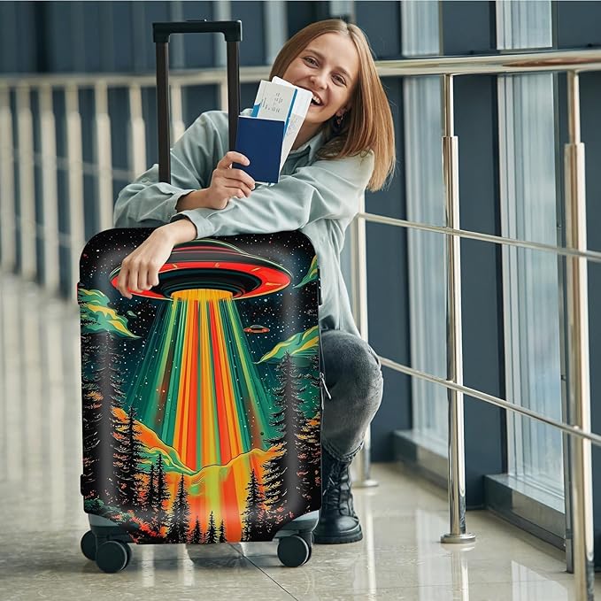 Suitcase Cover for Luggage 22-24 Inch, Washable Elastic Anti-Scratch Luggage Protector, Durable Zipper Baggage Cover with Handle Wrap, Travel Accessories for Suitcase, Colorful alien UFO