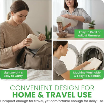 Organic Cotton Neck Roll Pillow with Pillowcase – Organic Buckwheat Filled Soft Neck Pillow with Breathable and Durable Fabric Washable Protector – Supportive for Deep Sleep – Made in USA, 4" x 12"