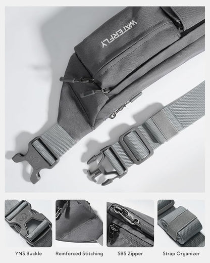 WATERFLY Small Crossbody Fanny Pack: 5 Pocket Slim Lightweight Waist Belt Hip Bag for Women Men Water Resistant Chest Pouch for Travel Hiking Running Walking Fit All Phones - Gray