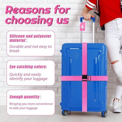 Weewooday 8 Pcs Luggage Straps Suitcase Tags Set for TSA Approved, 4 Travel Adjustable Suitcase Belt, 4 Silicone Luggage Tags with Name ID Card Travel Accessories(Pink,Airplane)