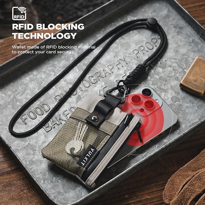 VULKIT Small RFID Wallet for Women & Men – Minimalist Zipper Wallet with ID Window, Keychain & Carabiner, Holds 15 Cards, Water Resistant Travel Lanyard Wallet Olive Green