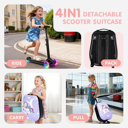 smilesun 4-in-1 Detachable Scooter Suitcase for Kids & Teenagers, Lightweight Hardside Ride-On Suitcase, Foldable Design, Perfect Travel Gift for Girls (Purple, 22-inch)